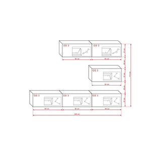 Set di mobili da soggiorno bianco e nero, sospesi collezione CEPTO XXV. 249cm, 6 pezzi, led, modulari.
