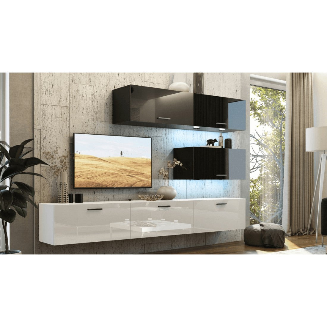 Set di mobili da soggiorno bianco e nero, sospesi collezione CEPTO XXV. 249cm, 6 pezzi, led, modulari.