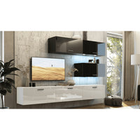 Set di mobili da soggiorno bianco e nero, sospesi collezione CEPTO XXV. 249cm, 6 pezzi, led, modulari.
