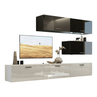 Set di mobili da soggiorno bianco e nero, sospesi collezione CEPTO XXV. 249cm, 6 pezzi, led, modulari.