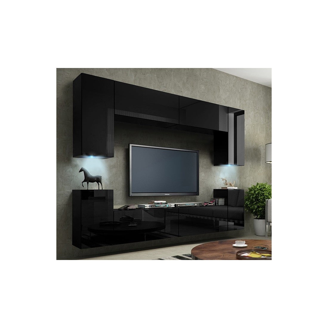 Set di mobili da soggiorno neri sospesi collezione CEPTO I 240cm, 8 porte, 6 scaffali, led
