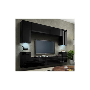 Set di mobili da soggiorno neri sospesi collezione CEPTO I 240cm, 8 porte, 6 scaffali, led