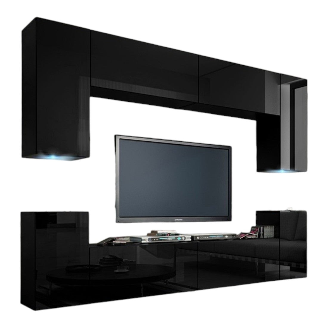 Set di mobili da soggiorno neri sospesi collezione CEPTO I 256cm, 8 porte, 6 scaffali, led, modulari.