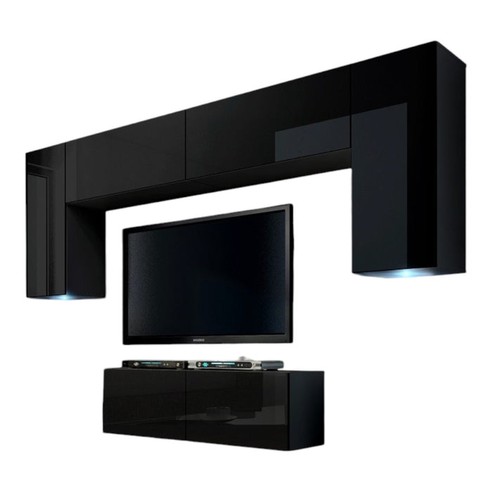 Set di mobili da soggiorno neri sospesi collezione CEPTO II 256cm, 6 porte, 4 ripiani, led, modulari.