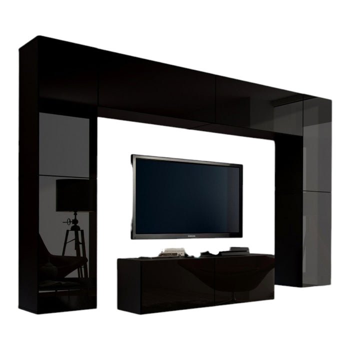Set di mobili da soggiorno neri sospesi collezione CEPTO III 256cm, 8 porte, 8 scaffali, led, modulari.