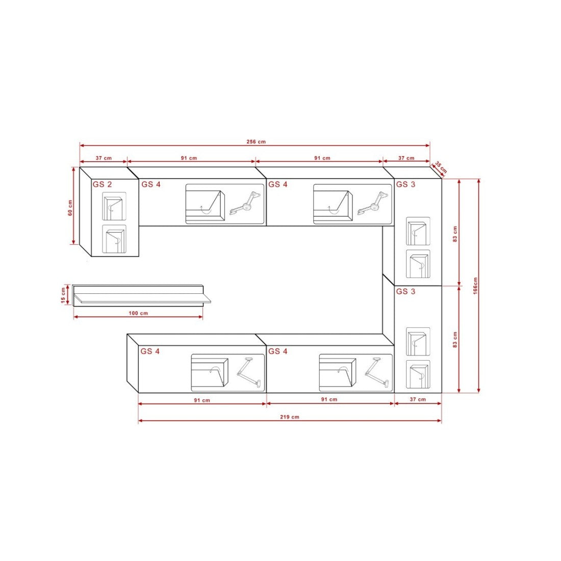 Set di mobili da soggiorno neri sospesi collezione CEPTO VI 256cm, 7 porte, mensola da muro bianca, LED, modulabili.
