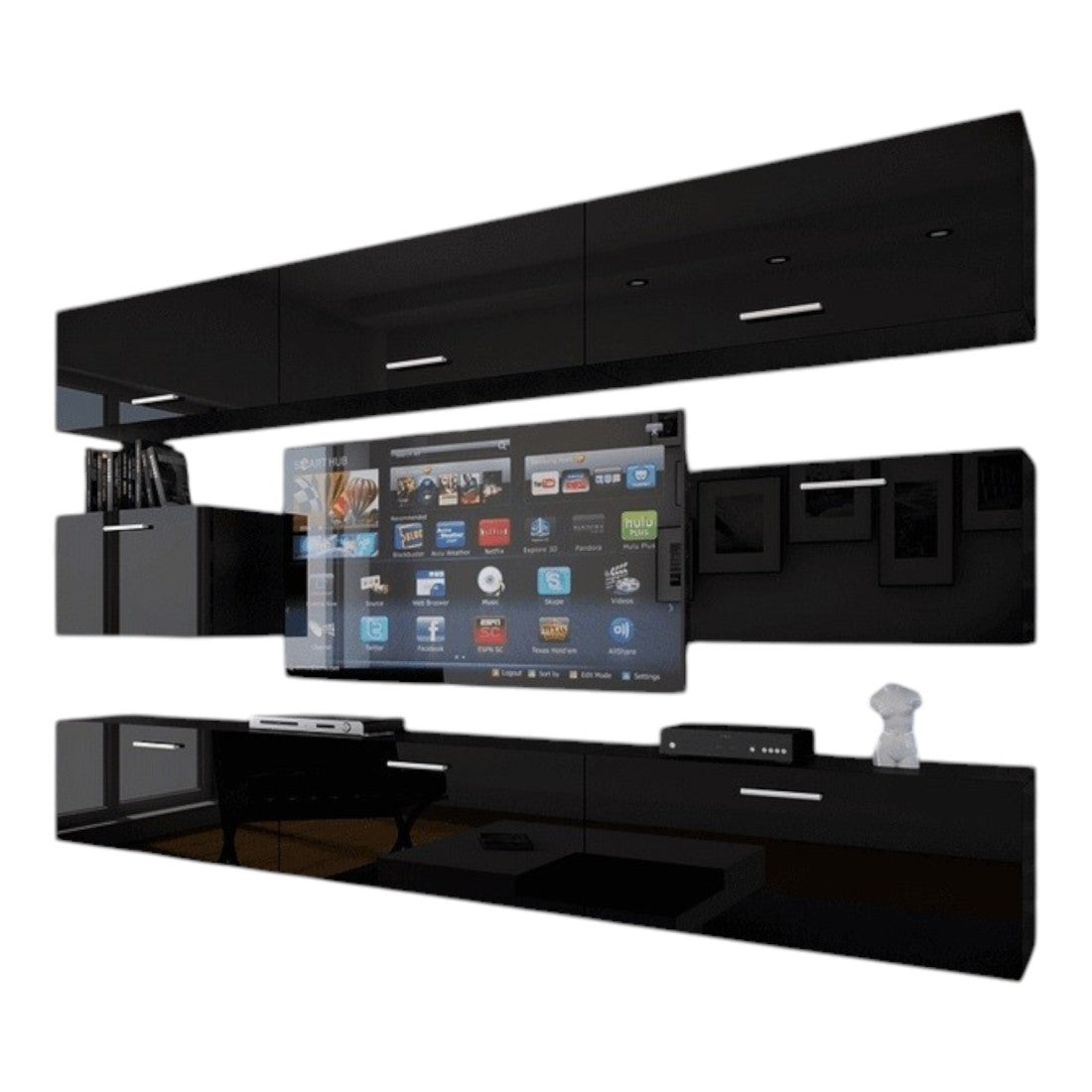 Set di mobili da soggiorno neri sospesi collezione CEPTO VII 249cm, 8 porte