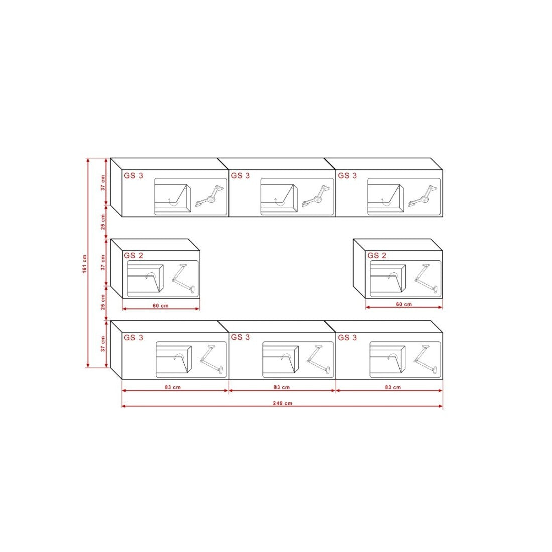 Set di mobili da soggiorno neri sospesi collezione CEPTO VII 249cm, 8 porte