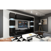 Set di mobili da soggiorno neri sospesi collezione CEPTO XIV. 256cm, 10 mobili, 10 porte, led.