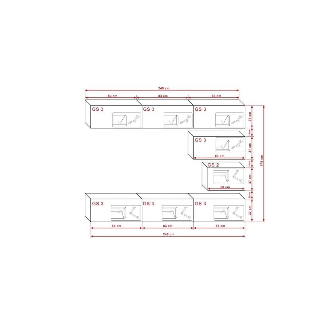 Set di mobili da soggiorno neri sospesi collezione CEPTO XVI 249cm, 8 pezzi, modulari.