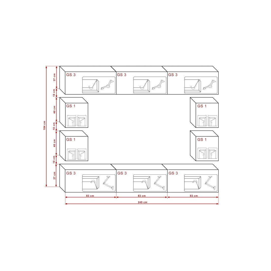 Set di mobili da soggiorno neri sospesi collezione CEPTO XVII 249cm, 10 pezzi, con LED, modulari.