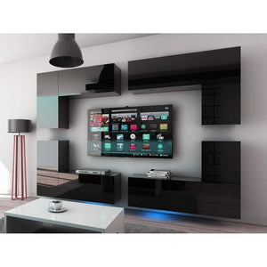 Set di mobili da soggiorno neri sospesi collezione CEPTO XX 260cm, 8 pezzi, con LED, modulari.