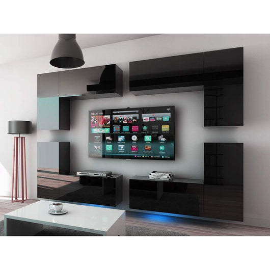 Set di mobili da soggiorno neri sospesi collezione CEPTO XX 260cm, 8 pezzi, con LED, modulari.