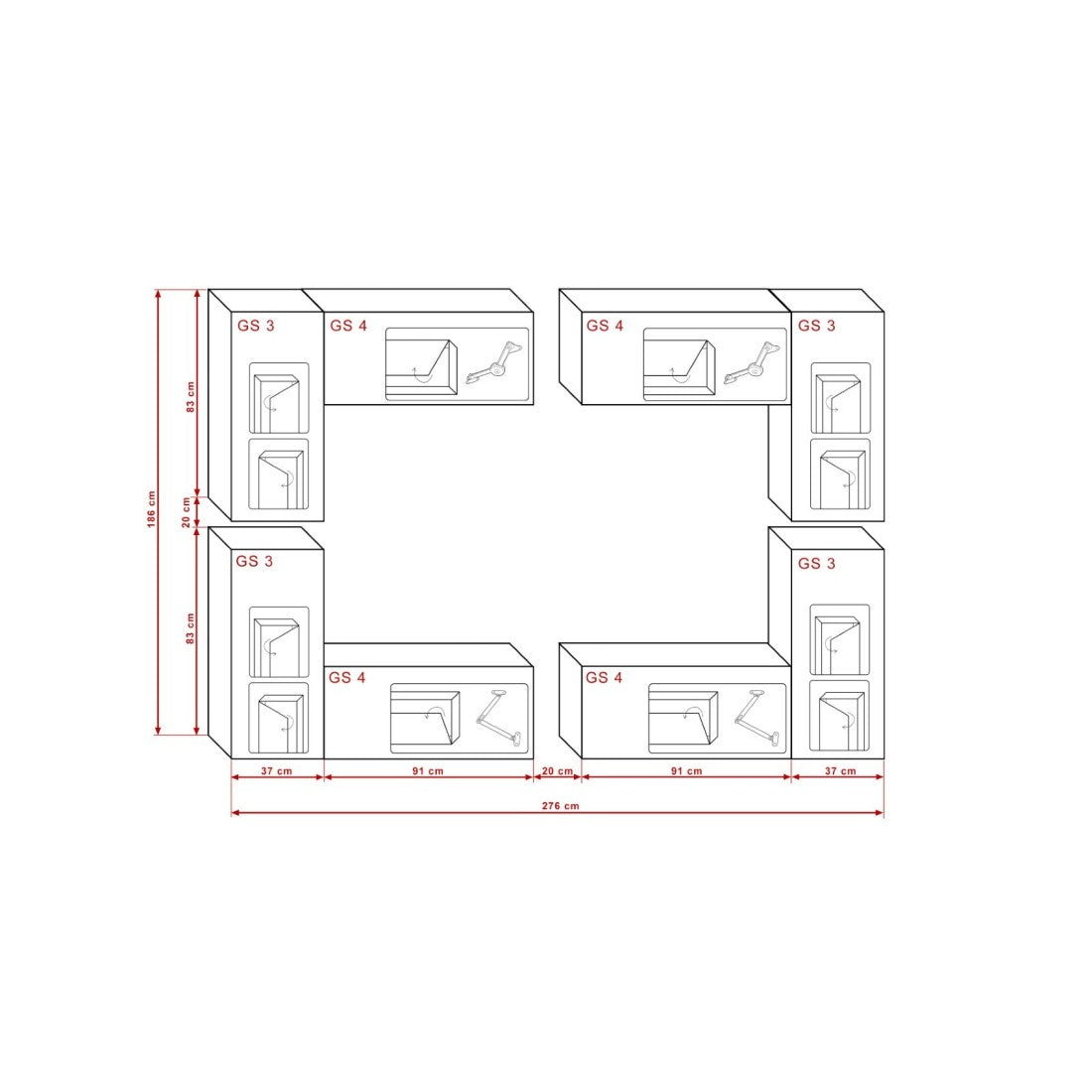 Set di mobili da soggiorno neri sospesi collezione CEPTO XX 276cm, 8 pezzi, con LED, modulari.