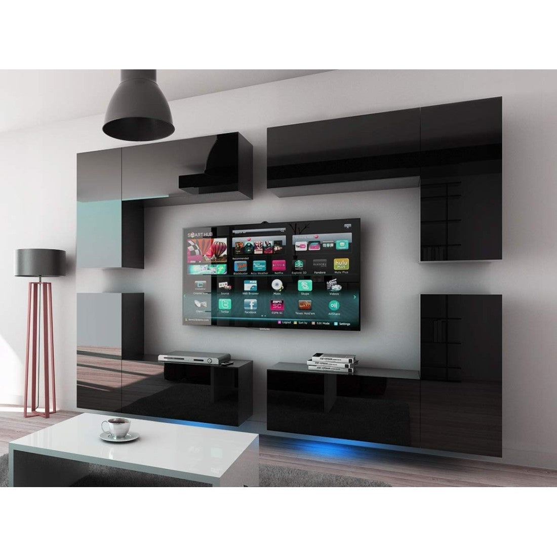 Set di mobili da soggiorno neri sospesi collezione CEPTO XX 276cm, 8 pezzi, con LED, modulari.