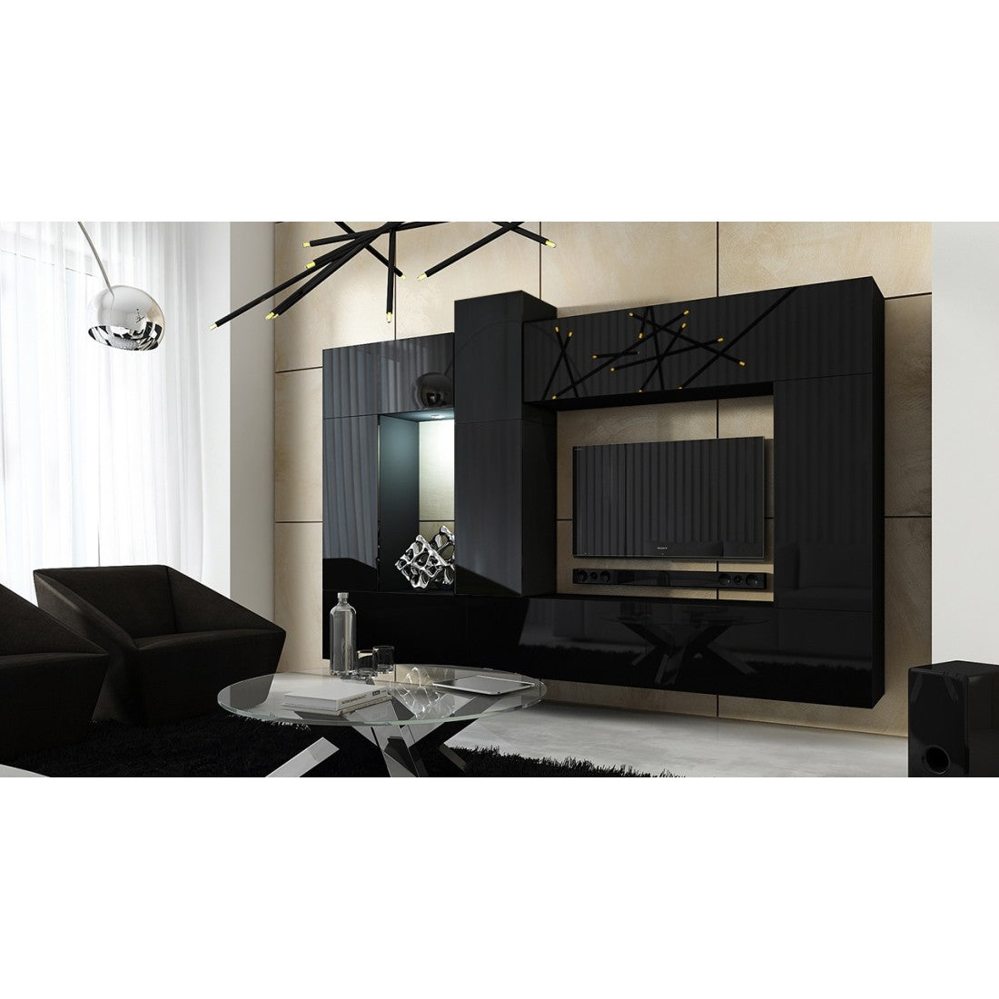 Set di mobili da soggiorno neri sospesi collezione CEPTO XXII. 273cm, 10 pezvi, led, modulari.