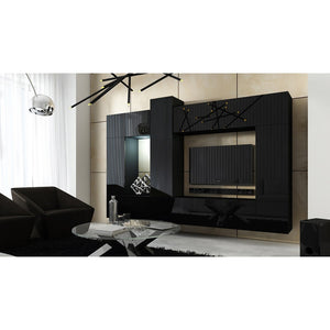 Set di mobili da soggiorno neri sospesi collezione CEPTO XXII. 273cm, 10 pezvi, led, modulari.