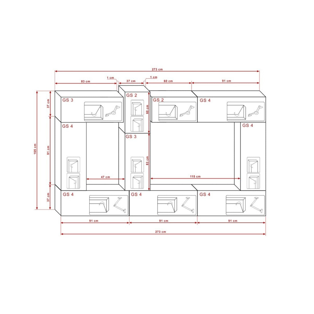 Set di mobili da soggiorno neri sospesi collezione CEPTO XXII. 273cm, 10 pezvi, led, modulari.