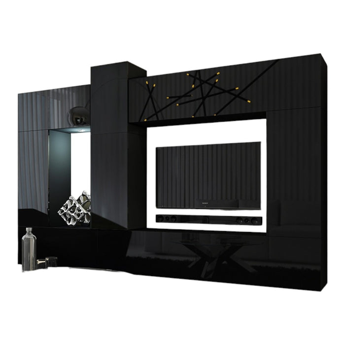 Set di mobili da soggiorno neri sospesi collezione CEPTO XXII. 273cm, 10 pezvi, led, modulari.