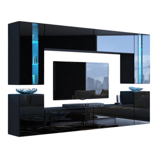 Set di mobili da soggiorno neri sospesi collezione CEPTO XXIV. 240cm, 8 pezzi, led, modulari.