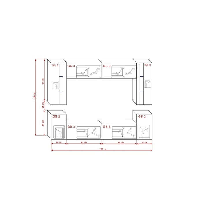 Set di mobili da soggiorno neri sospesi collezione CEPTO XXIV. 240cm, 8 pezzi, led, modulari.