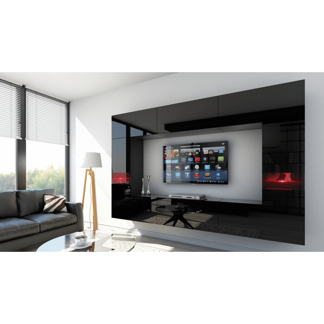 Set di mobili da salotto nero, sospesi collezione CEPTO XXIX. 249cm, 8 pezzi, con LED, modulari.