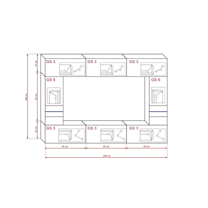 Set di mobili da salotto nero, sospesi collezione CEPTO XXIX. 249cm, 8 pezzi, con LED, modulari.