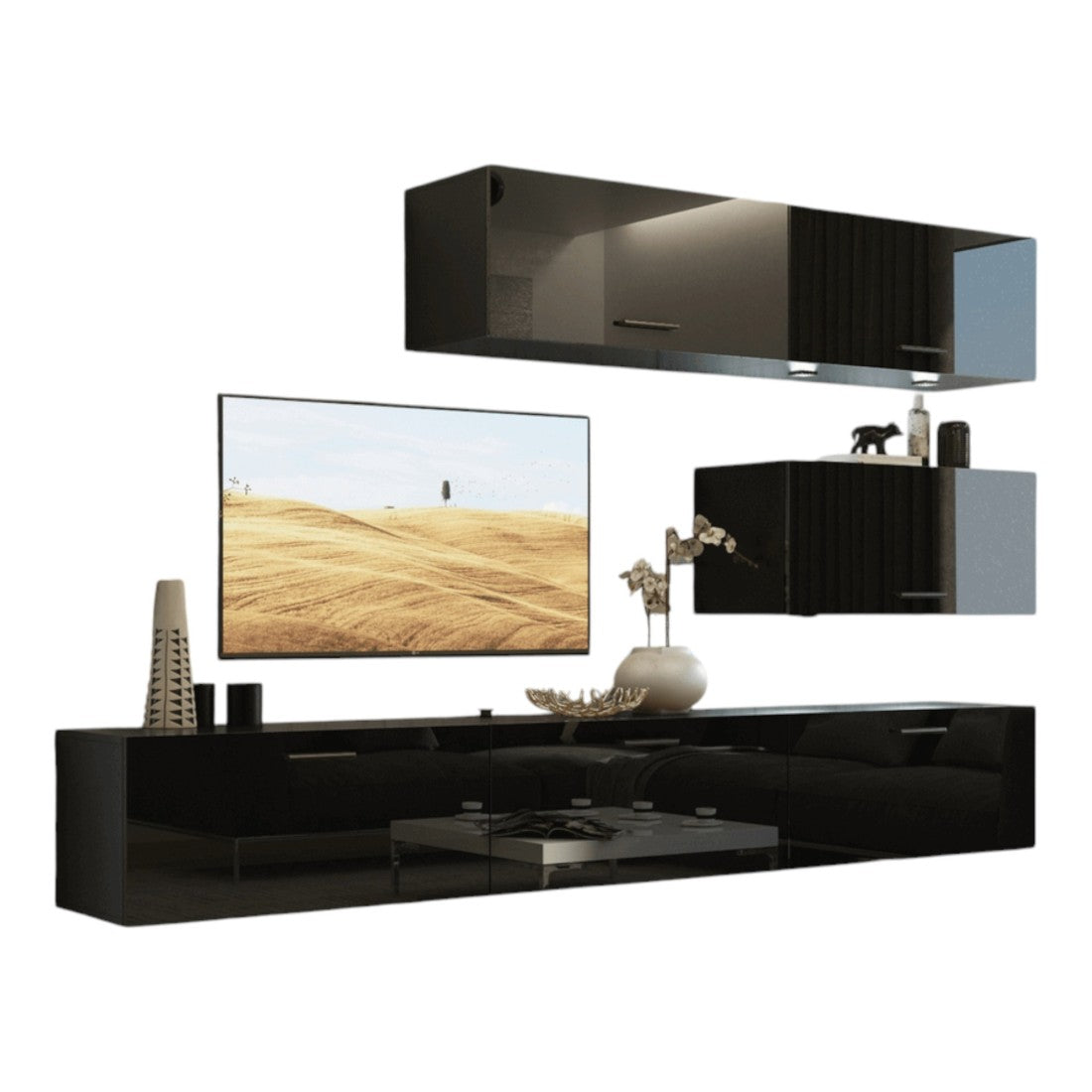 Set di mobili da soggiorno neri, sospesi collezione CEPTO XXV. 249cm, 6 pezzi, led, modulari.