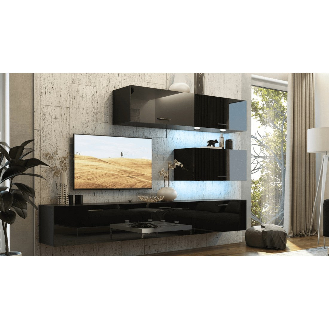 Set di mobili da soggiorno neri, sospesi collezione CEPTO XXV. 249cm, 6 pezzi, led, modulari.