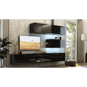 Set di mobili da soggiorno neri, sospesi collezione CEPTO XXV. 249cm, 6 pezzi, led, modulari.
