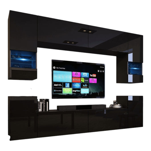 Set di mobili da soggiorno nero, sospesi collezione CEPTO XXVII. 240cm, 8 pezzi, led, modulari.