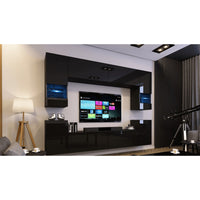 Set di mobili da soggiorno nero, sospesi collezione CEPTO XXVII. 240cm, 8 pezzi, led, modulari.