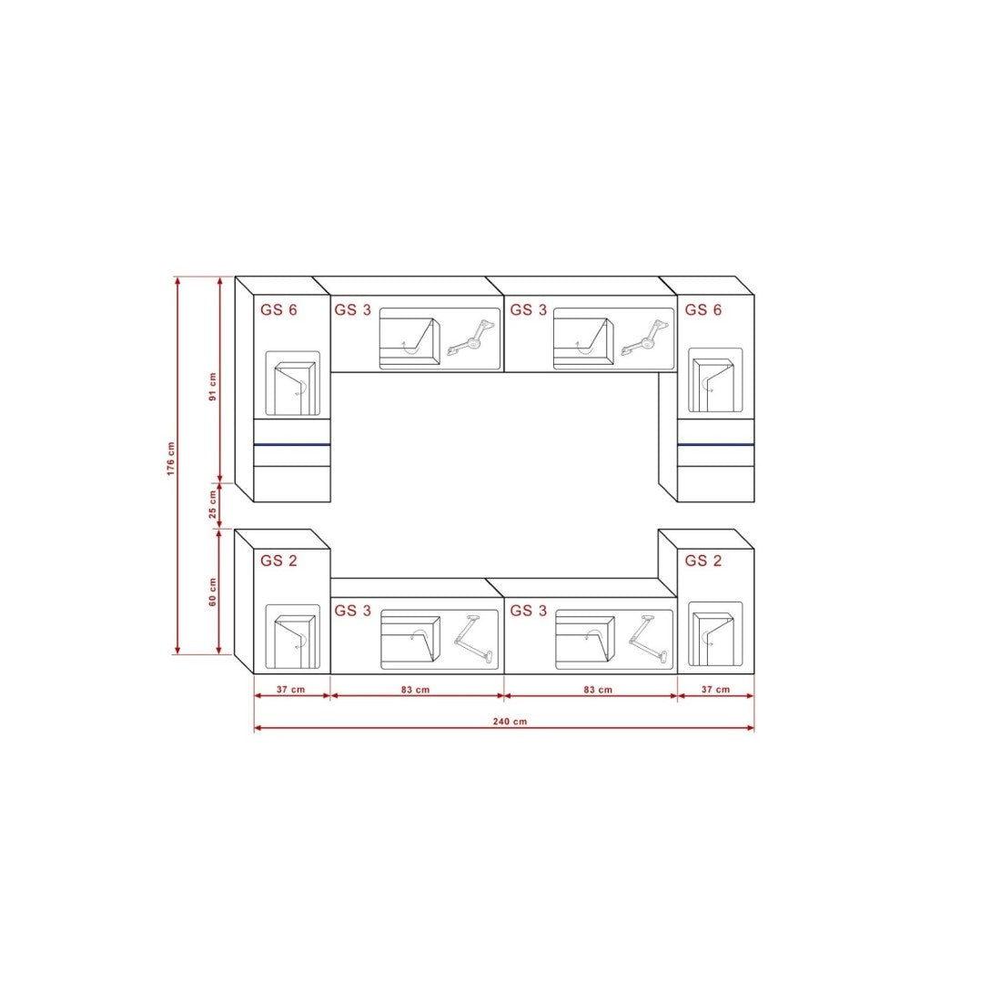 Set di mobili da soggiorno nero, sospesi collezione CEPTO XXVII. 240cm, 8 pezzi, led, modulari.