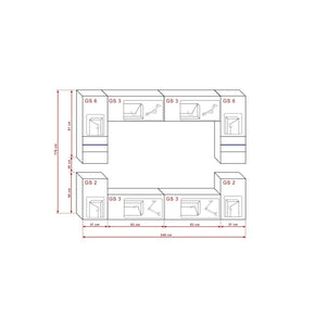 Set di mobili da soggiorno nero, sospesi collezione CEPTO XXVII. 240cm, 8 pezzi, led, modulari.
