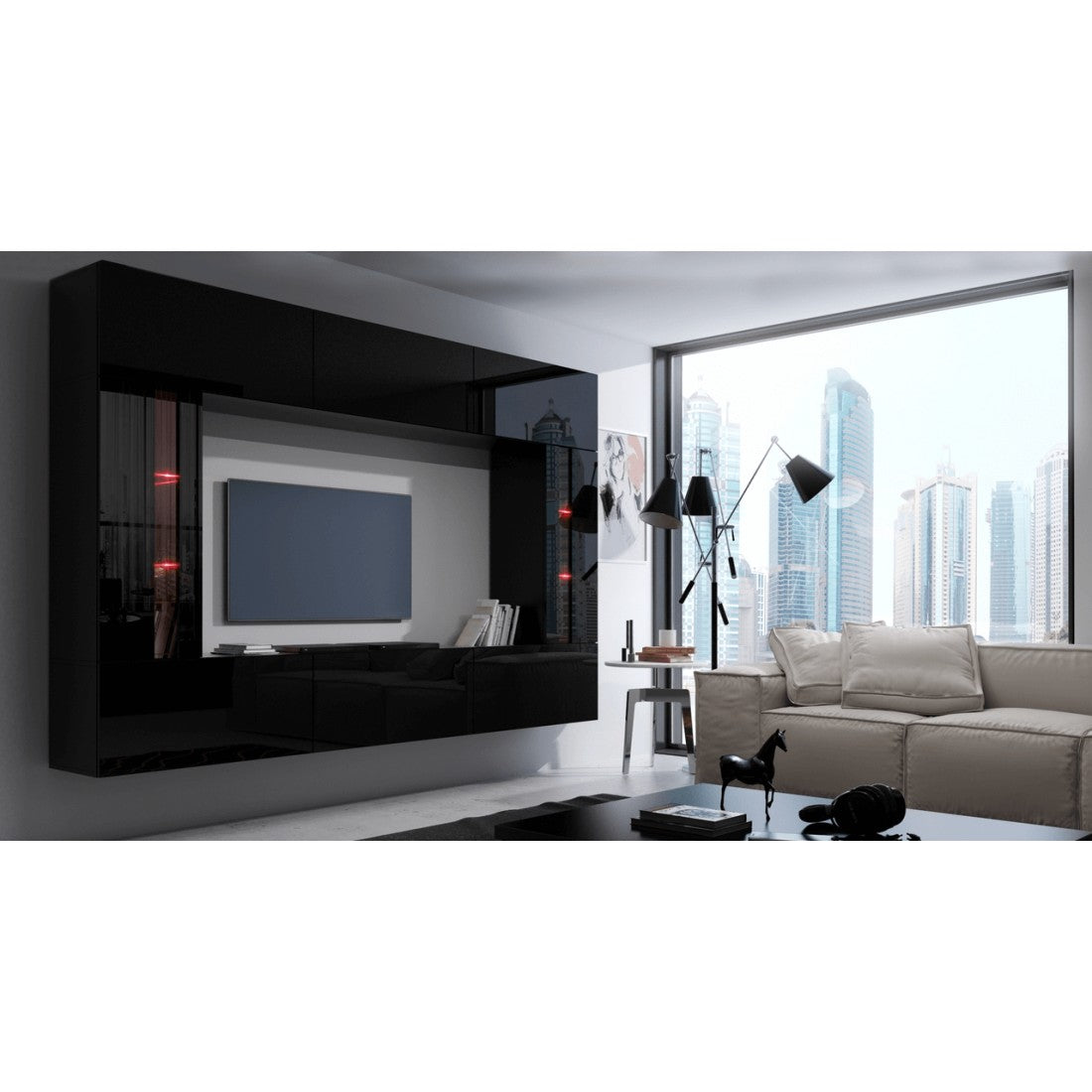 Set di mobili da soggiorno nero, sospesi collezione CEPTO XXVIII. 249cm, 8 pezzi, con led, modulari.