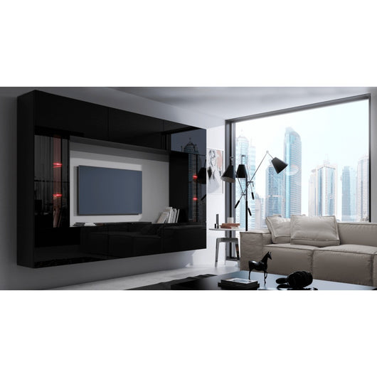 Set di mobili da soggiorno nero, sospesi collezione CEPTO XXVIII. 249cm, 8 pezzi, con led, modulari.