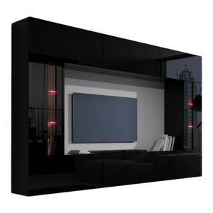 Set di mobili da soggiorno nero, sospesi collezione CEPTO XXVIII. 249cm, 8 pezzi, con led, modulari.