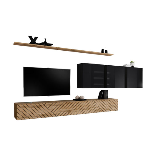 Set di mobili da soggiorno SWITCH VII – Quercia Wotan &amp Nero lucido – Design moderno – 340 cm