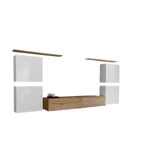 Set di mobili da soggiorno design SWITCH IV. Colori bianco e rovere. Finiture in rovere fresato e bianco lucido.