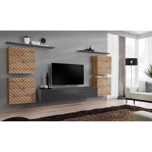 Set di mobili da soggiorno design SWITCH IV. Colori rovere e grigio. Finiture in rovere fresato e grigio lucido.