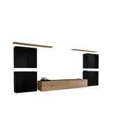 Set di mobili da soggiorno design SWITCH IV. Colori nero e rovere. Finiture in nero lucido e rovere fresato.