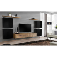 Set di mobili da soggiorno design SWITCH IV. Colori nero e rovere. Finiture in nero lucido e rovere fresato.