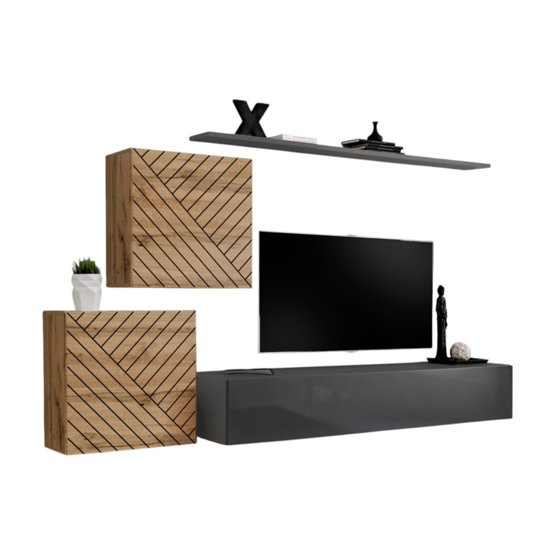 Set di mobili da soggiorno design SWITCH V, colore rovere e grigio con finiture in rovere fresato e grigio lucido.