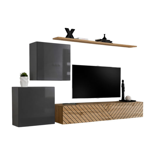 Set di mobili da soggiorno design SWITCH V, colori grigio e rovere. Finiture in grigio lucido e rovere fresato.