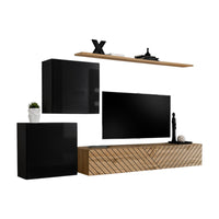 Set di mobili da salotto design SWITCH V, colori nero e rovere. Finiture in nero lucido e rovere fresato.