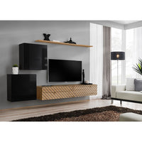 Set di mobili da salotto design SWITCH V, colori nero e rovere. Finiture in nero lucido e rovere fresato.