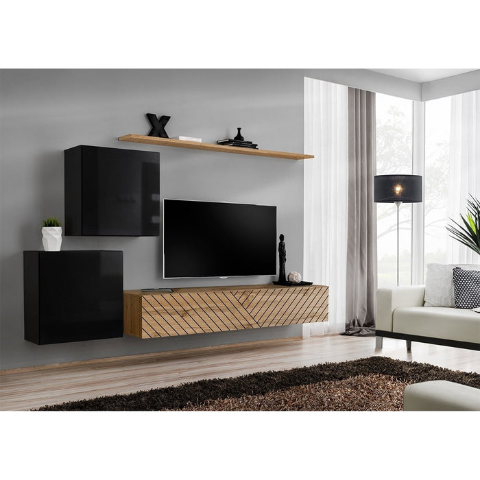 Set di mobili da salotto design SWITCH V, colori nero e rovere. Finiture in nero lucido e rovere fresato.