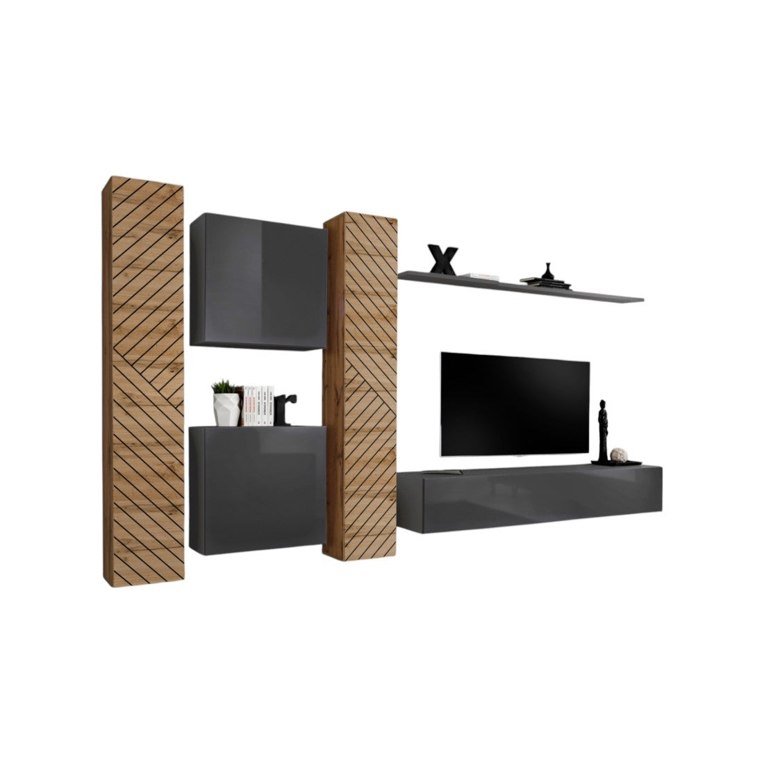 Set di mobili da salotto design SWITCH VI. Colori rovere e grigio con finitura rovere effetto fresato e grigio lucido.