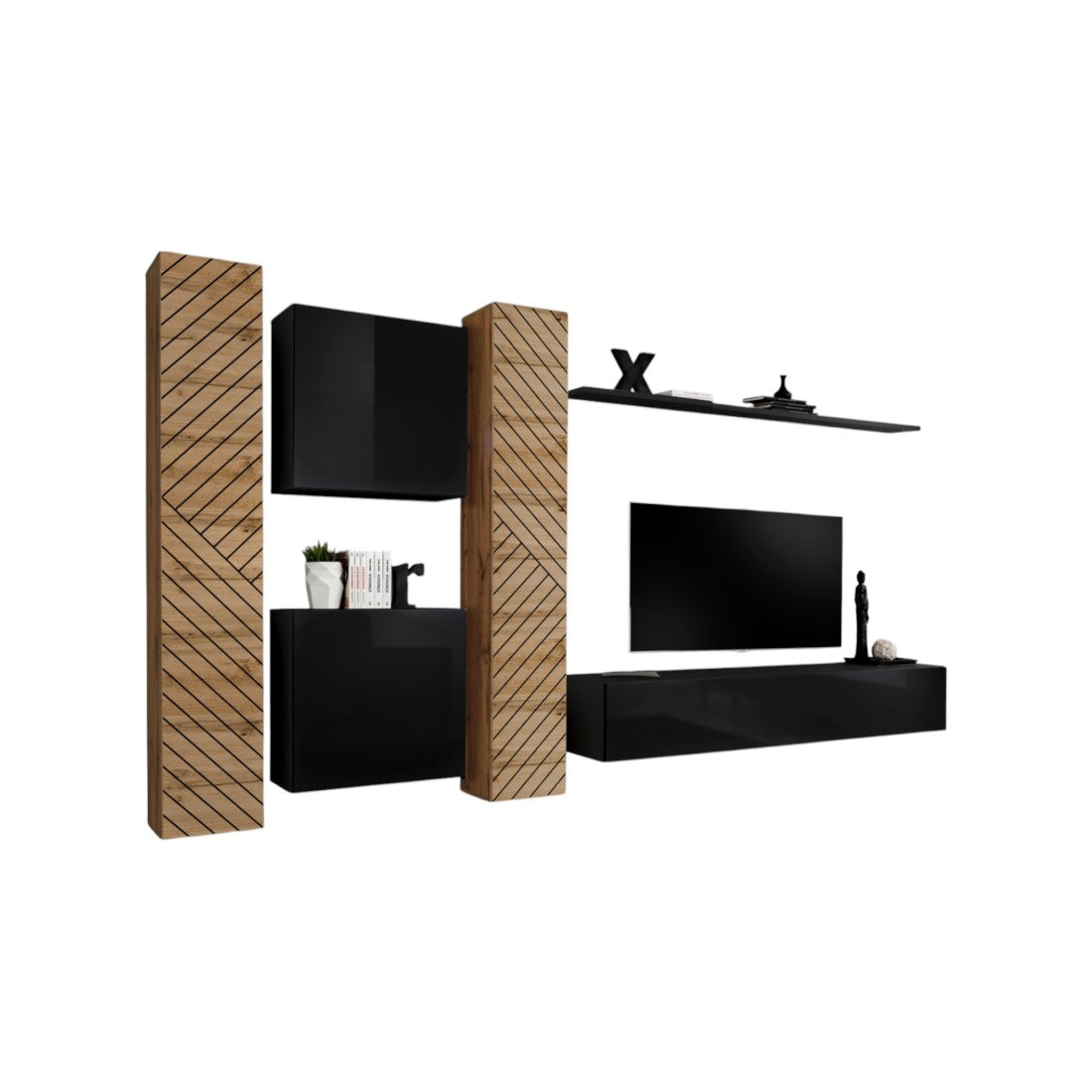 Set di mobili da salotto design SWITCH VI. Colori quercia e nero, finitura quercia con effetto fresato e nero lucido.