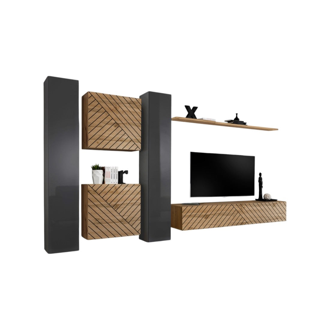 Set di mobili da salotto design SWITCH VI. Colori grigio e quercia finitura grigio lucido e quercia effetto fresato.